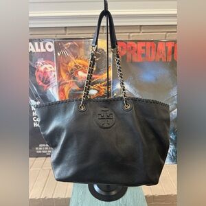 Tory Burch Marion Black Pebble Leather Slouchy Tote/Shoulder Bag Chain Strap